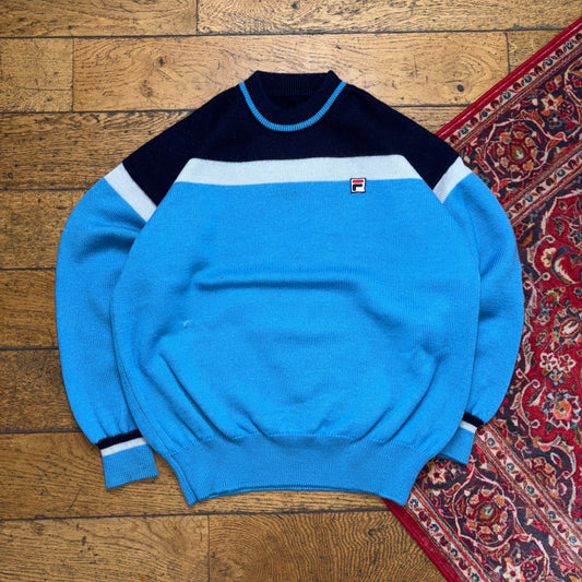 Vintage Fila Blue Stripe Wool Chunky Knit Jumper - L
