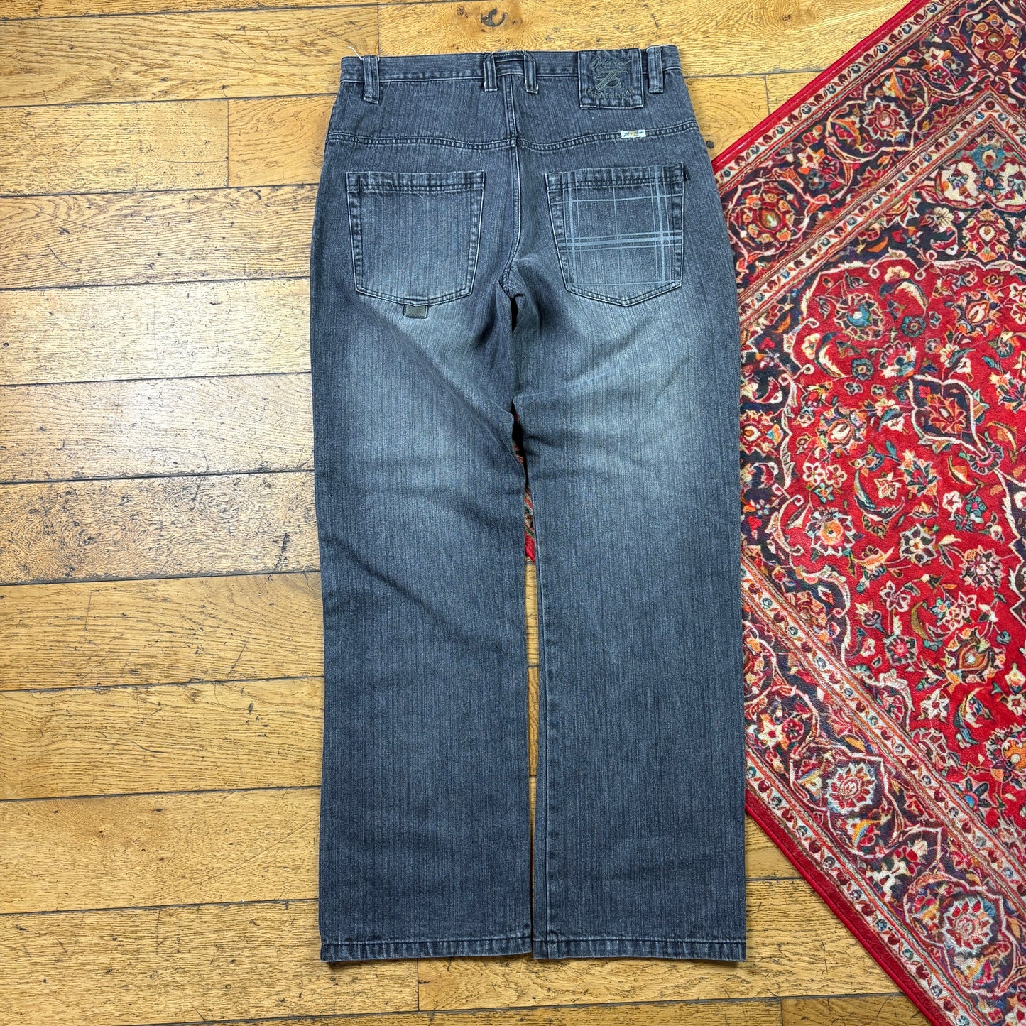 Vintage Grey Embroidered Y2K Hip Hop Baggy Jeans - 34
