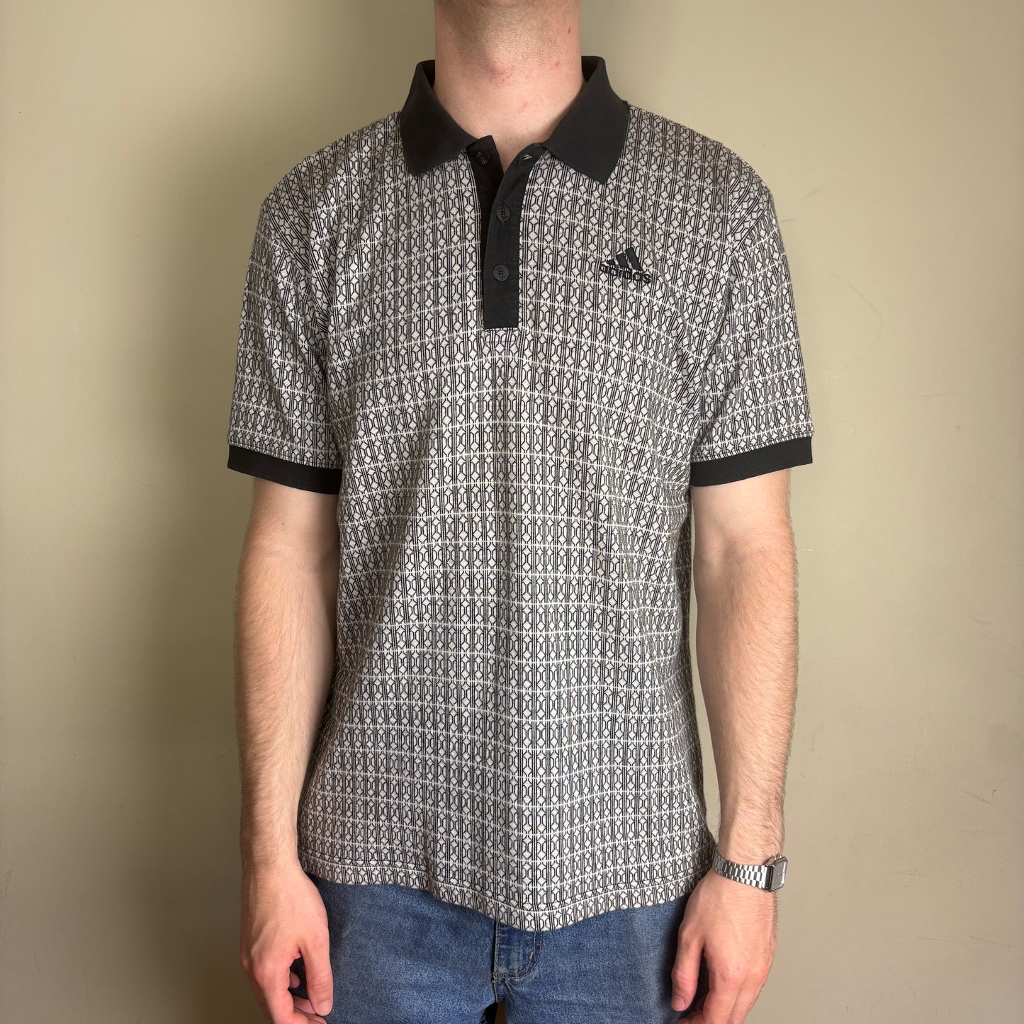 Vintage 90s Adidas Black White Patterned Polo Shirt - M