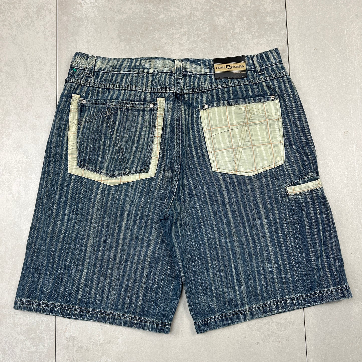 Vintage Pinstripe Embroidered Hip Hop Baggy Blue Shorts Jorts - 42