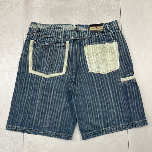 Vintage Pinstripe Embroidered Hip Hop Baggy Blue Shorts Jorts - 42
