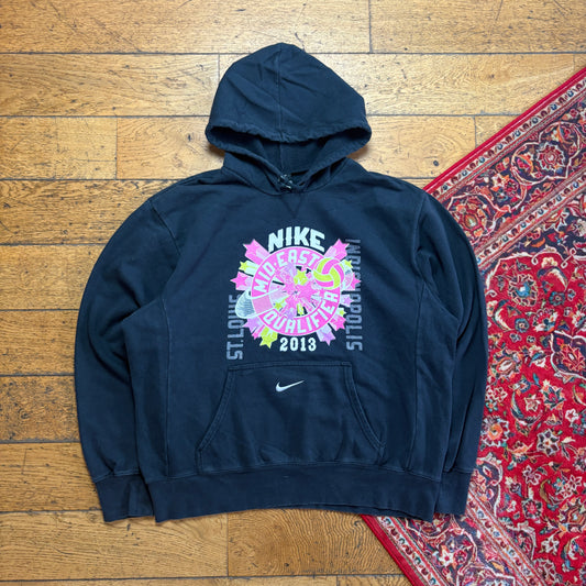 Vintage Nike Black Centre Swoosh Hoodie Embroidered Sweatshirt - L