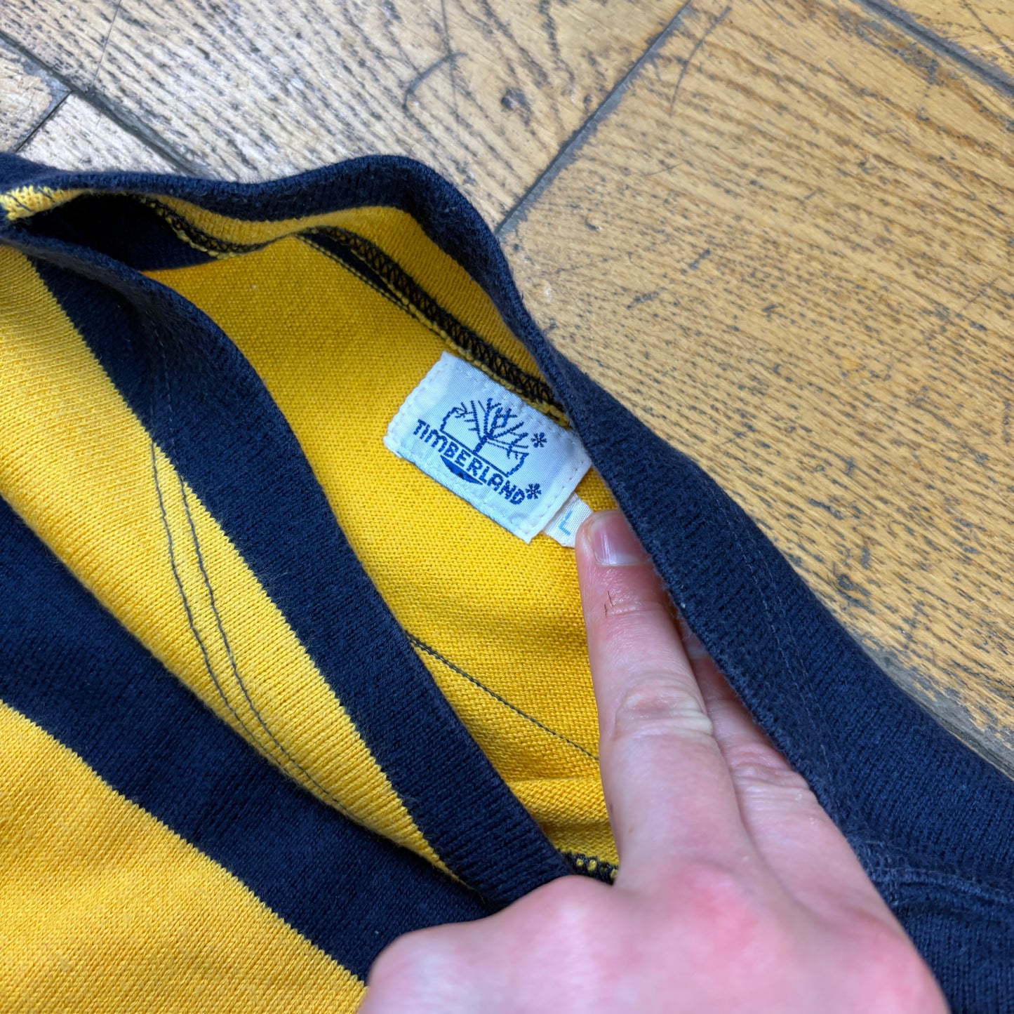Vintage Timberland Embroidered Yellow Navy Striped Knit Jumper - XS