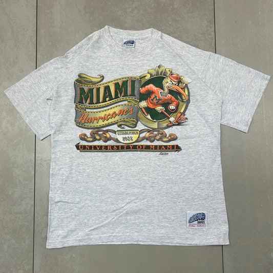 Vintage 90s Miami Hurricanes NFL Single Stitch Graphic Grey T-Shirt - L