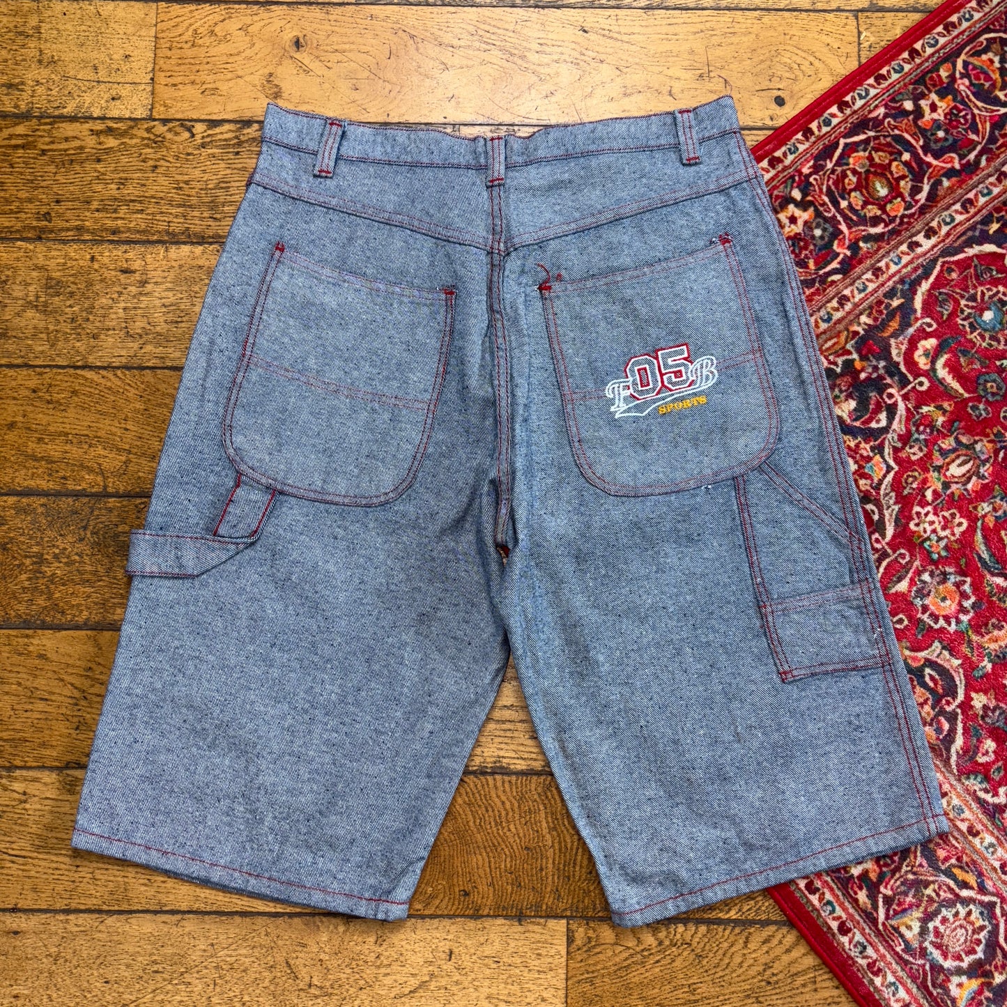 Vintage Blue Grey Embroidered Y2K Hip Hop Baggy Jeans Shorts Jorts - 36