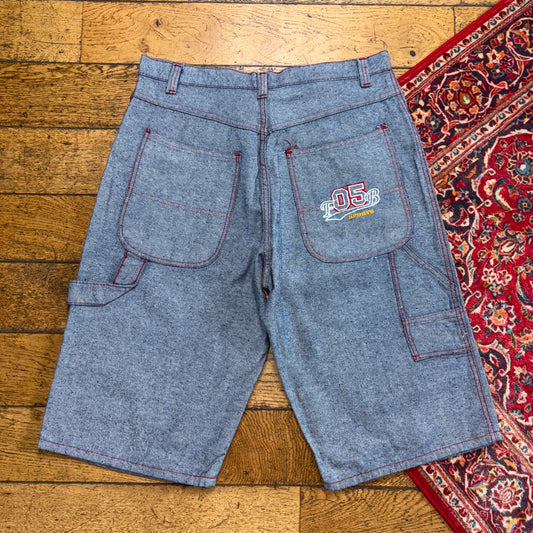 Vintage Blue Grey Embroidered Y2K Hip Hop Baggy Jeans Shorts Jorts - 36