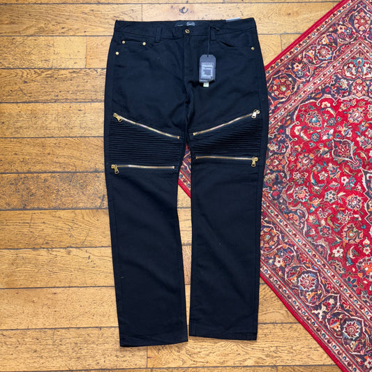 Vintage Black Moto Grunge Embroidered Y2K Hip Hop Straight Jeans - 40L