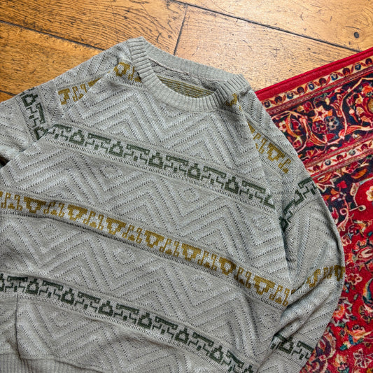 Vintage Grey Pattern Chunky Knit Jumper - L