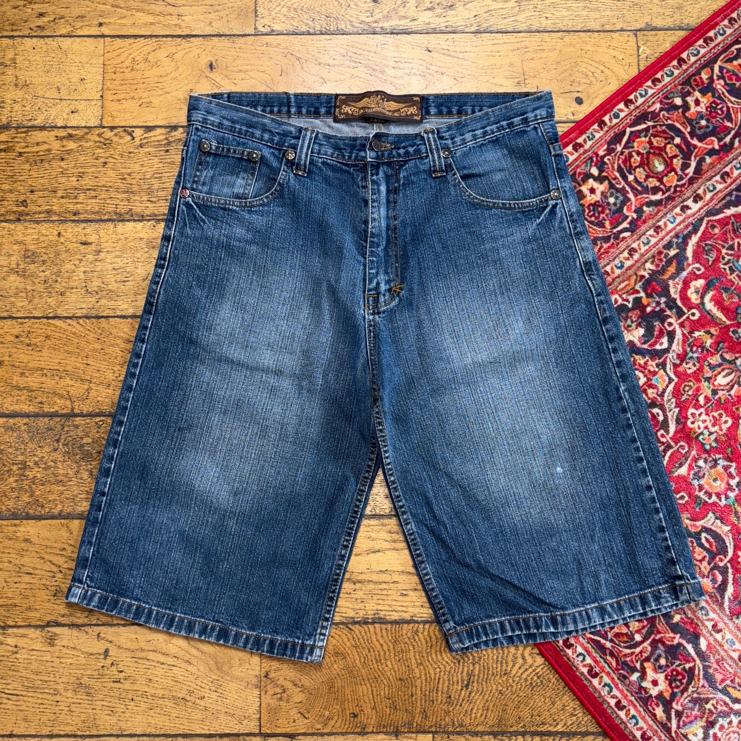 Vintage Blue Embroidered Y2K Hip Hop Baggy Jeans Shorts Jorts - 36