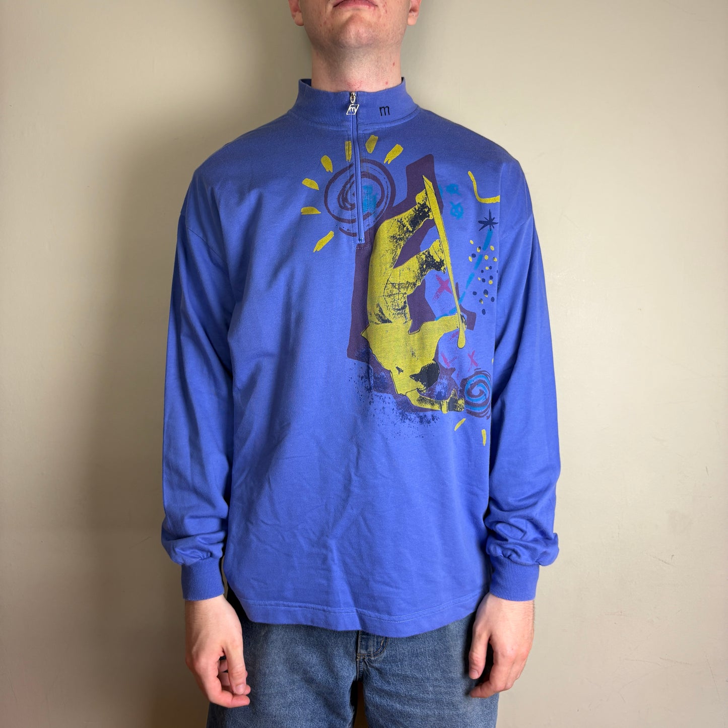 Vintage 90s Purple Blue Snowboard Ski Quarter Zip Graphic Sweatshirt - XL