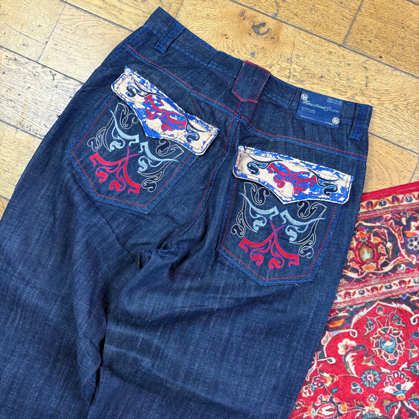 Vintage Blue Embroidered Y2K Hip Hop Baggy Jeans - 36