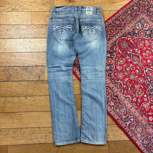 Vintage Rock Revival Blue Embroidered Y2K Hip Hop Straight Jeans - 36