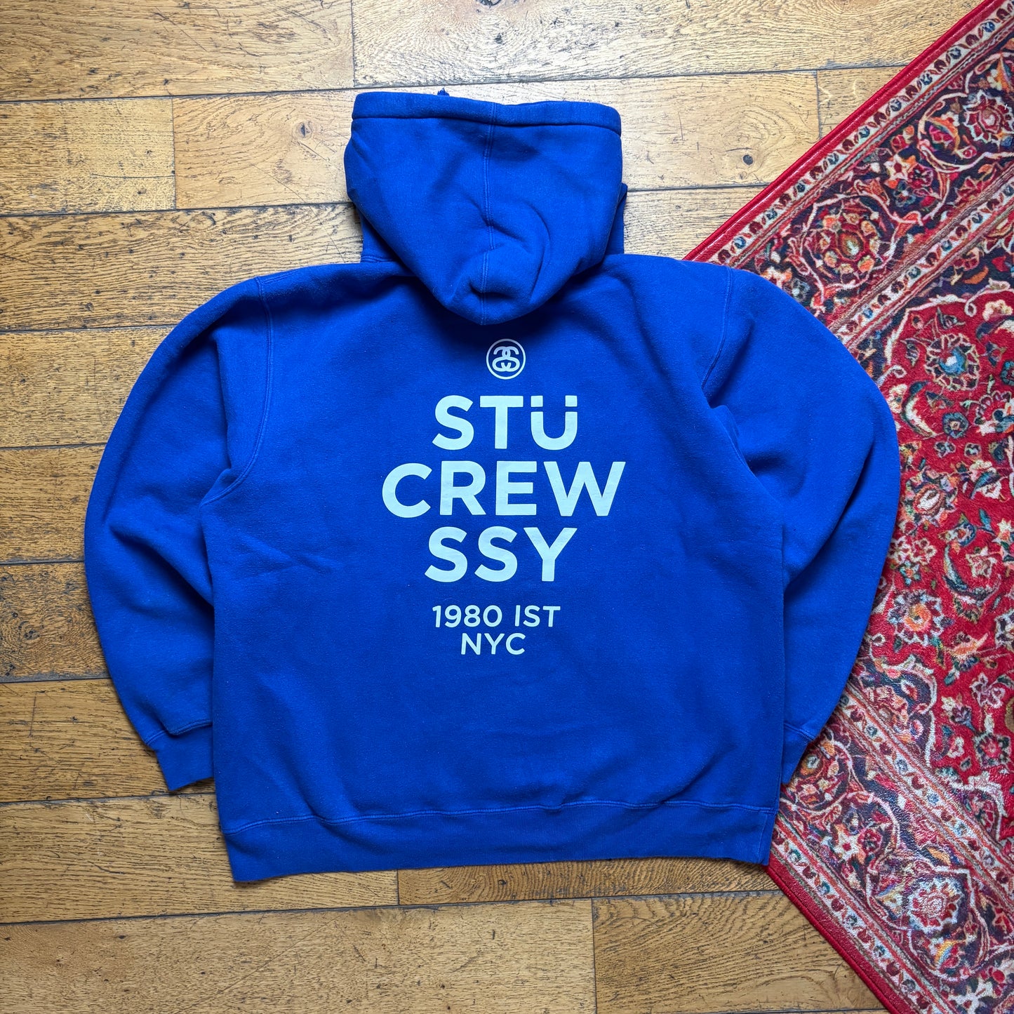 Vintage Stussy Crew Blue Hoodie Sweatshirt - XL