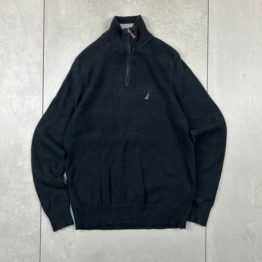 Vintage Nautica Quarter Zip Chunky Knit Black Jumper - S