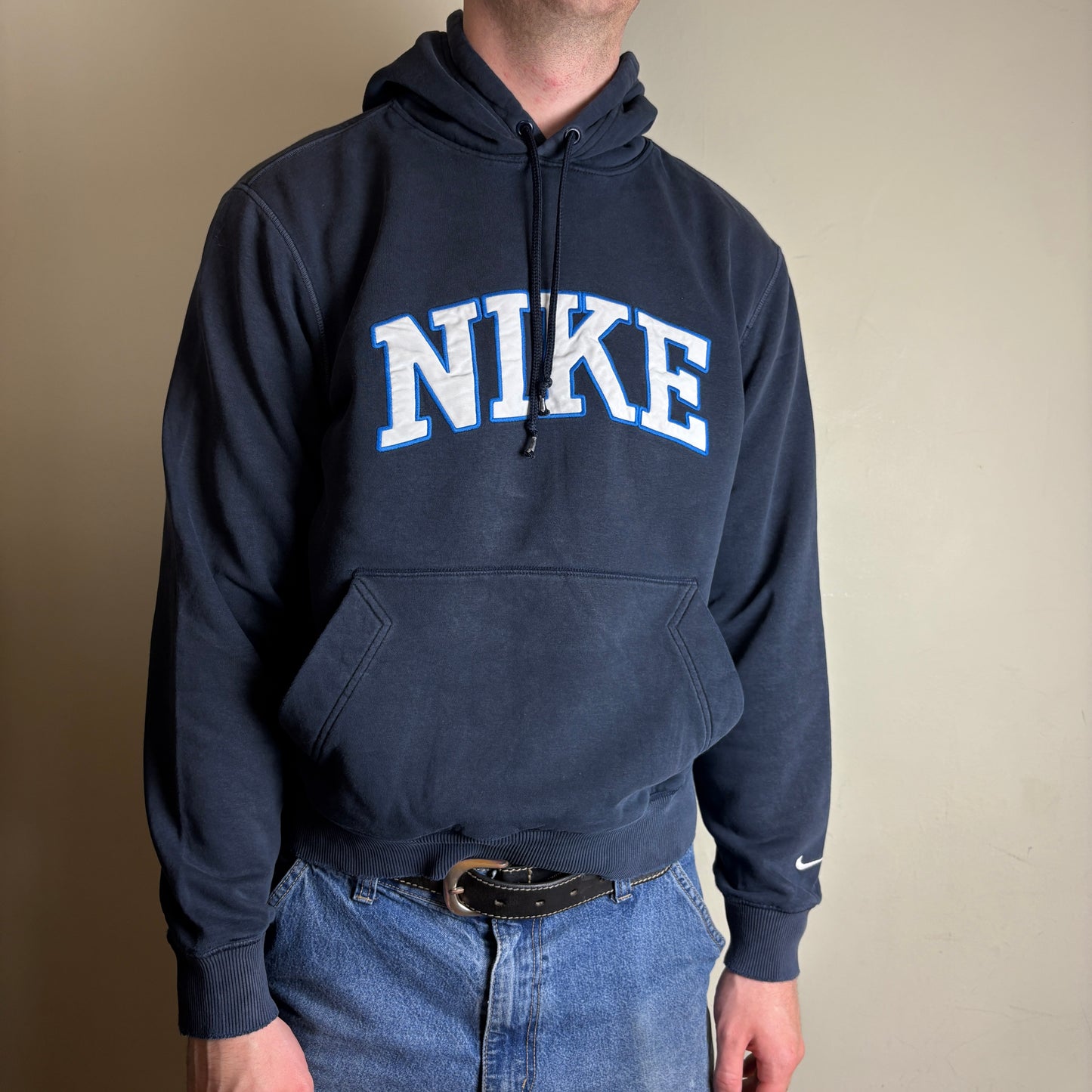 Vintage Nike Navy Spellout Swoosh Embroidered Hoodie Sweatshirt - M