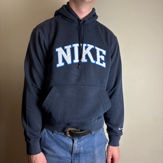 Vintage Nike Navy Spellout Swoosh Embroidered Hoodie Sweatshirt - M