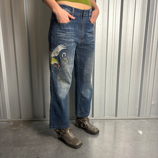 Embroidered Firebird Blue Eagle Japanese Denim Hip Hop Y2K Baggy Jeans - 30S