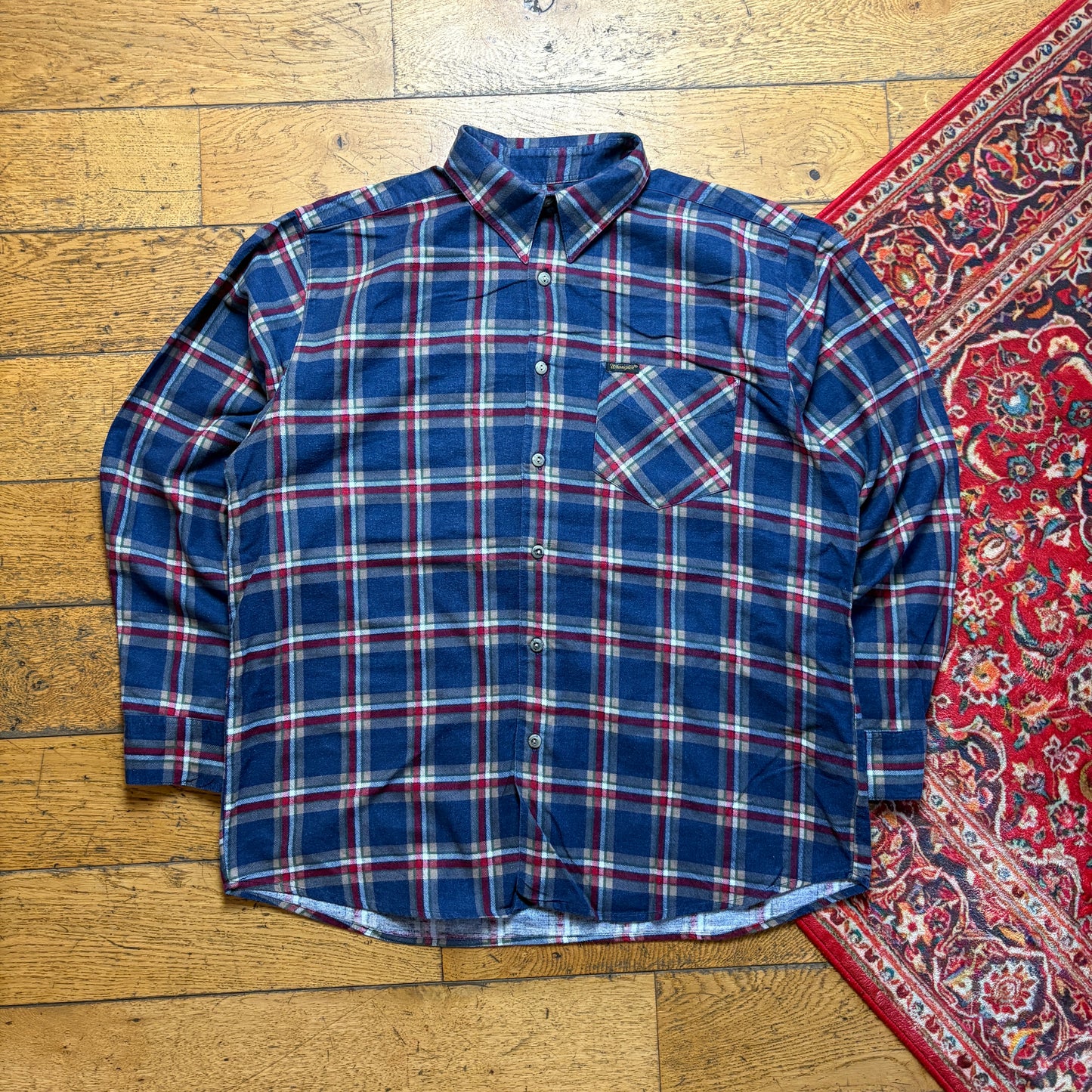 Vintage Wrangler Blue Check Flannel Embroidered Shirt - XL