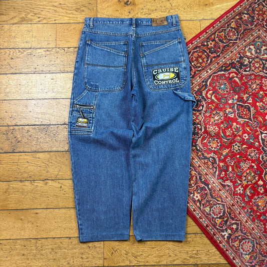 Vintage Blue Embroidered Y2K Hip Hop Baggy Jeans - 36