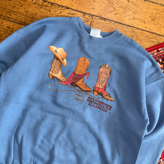 Vintage 90s Cowboy Boots Blue Western Hanes Graphic Sweatshirt - L