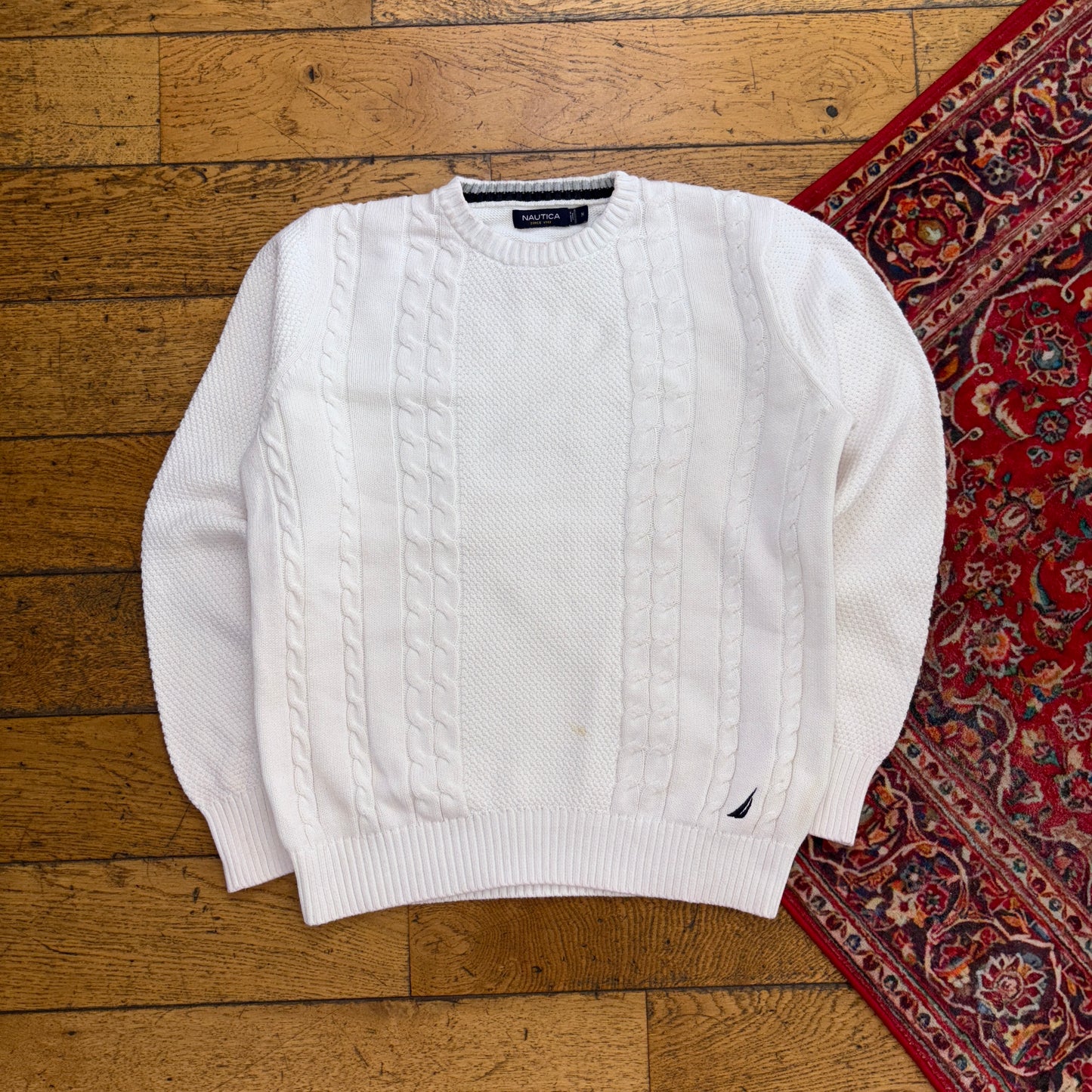 Vintage Nautica Cream Cable Fisherman Embroidered Knit Jumper - M