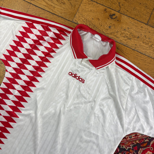 Vintage Adidas Embroidered White Red Football Polo T Shirt - M