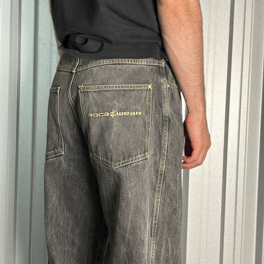 Rocawear Washed Black Embroidered Japanese Denim Hip Hop Y2K Baggy Jeans - 34L