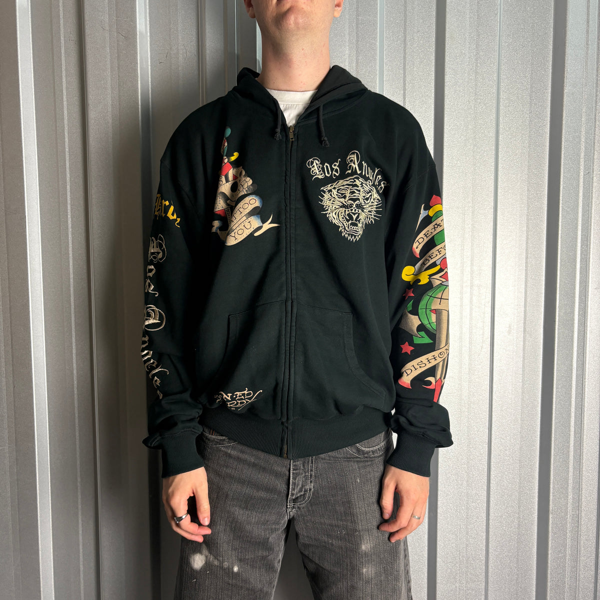 Vintage Ed Hardy Y2K Black Zip Hip Hop Embroidered Hoodie Sweatshirt - 2XL