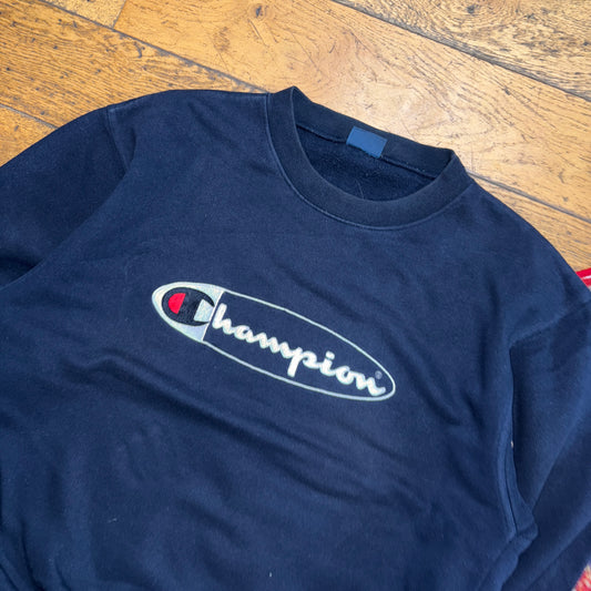 Vintage Champion Navy Spellout Embroidered Sweatshirt - L