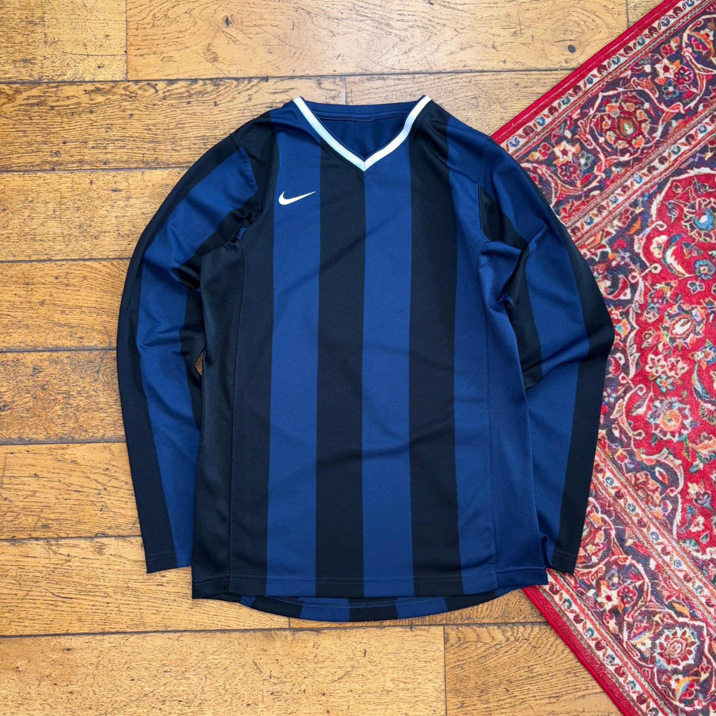 Vintage Nike Embroidered Navy Black Stripe Football Long Sleeve T-Shirt - XS