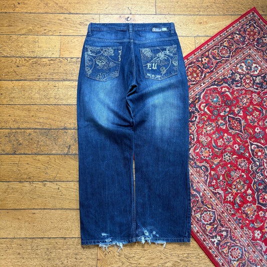 Vintage Ecko Unltd Blue Embroidered Y2K Hip Hop Baggy Jeans - 36