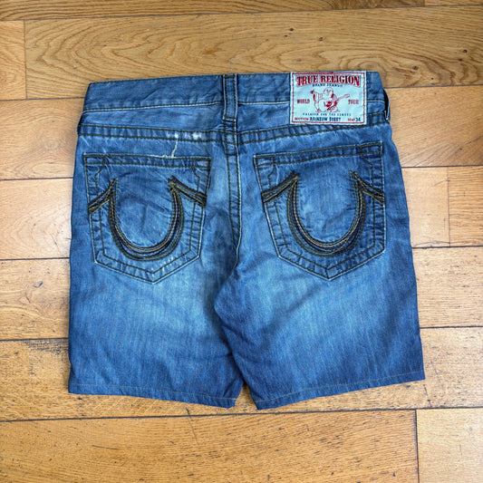 Vintage True Religion Blue Baggy Embroidered Y2K Shorts Jorts - 36