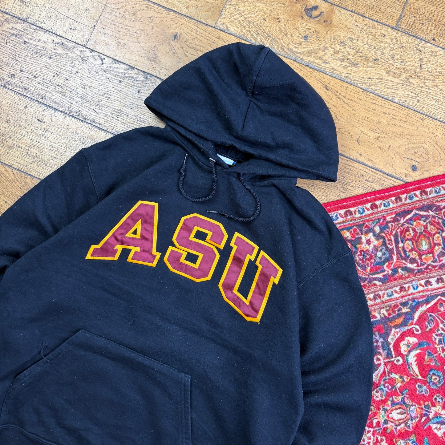 Vintage Champion Black USA College Boxy Hoodie Embroidered Sweatshirt - M