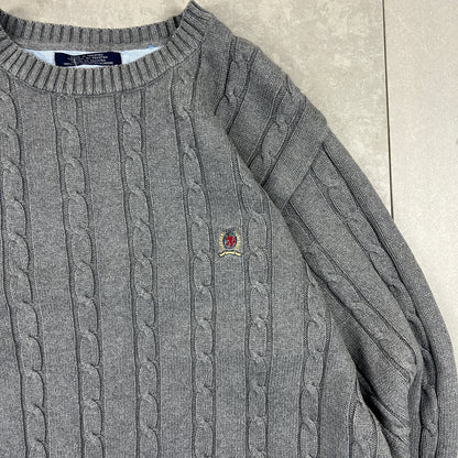 Vintage Tommy Hilfiger Chunky Cable Knit Grey Fisherman Jumper - L