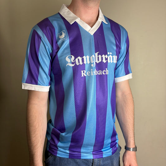 Vintage FC Oberporing Blue Purple Stripe Football Polo Shirt - M