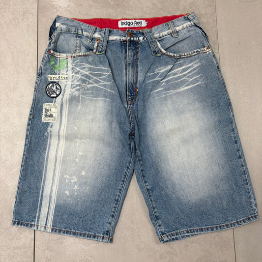Vintage I-Red Embroidered Hip Hop Blue Baggy Shorts Jorts - 36
