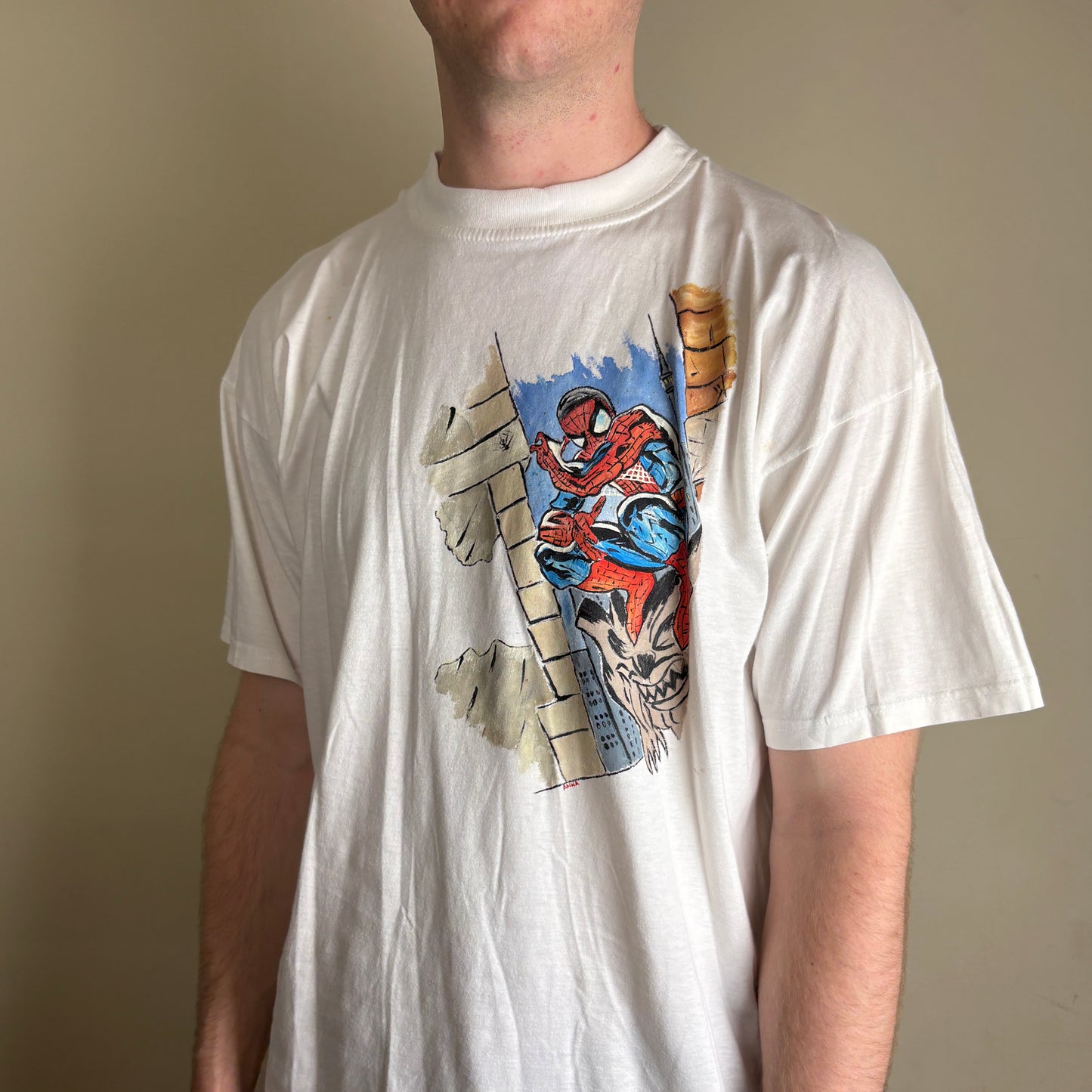 Vintage Marvel Spiderman White Graphic T-Shirt - L