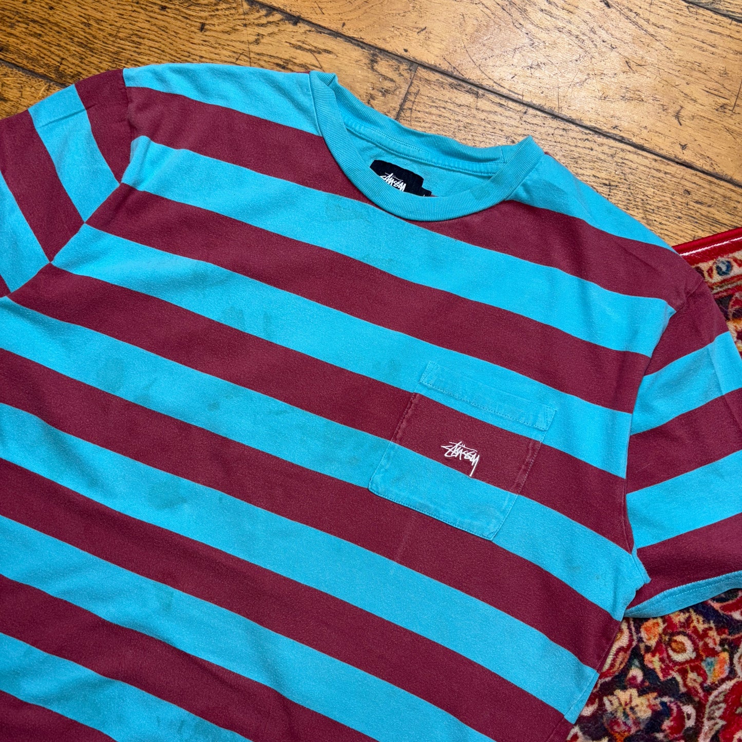 Vintage Stussy Blue Red Stripe Embroidered T-Shirt - L
