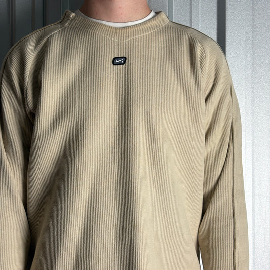 Vintage Nike Y2K 00s Cream Ribbed Swoosh Embroidered Sweatshirt - M