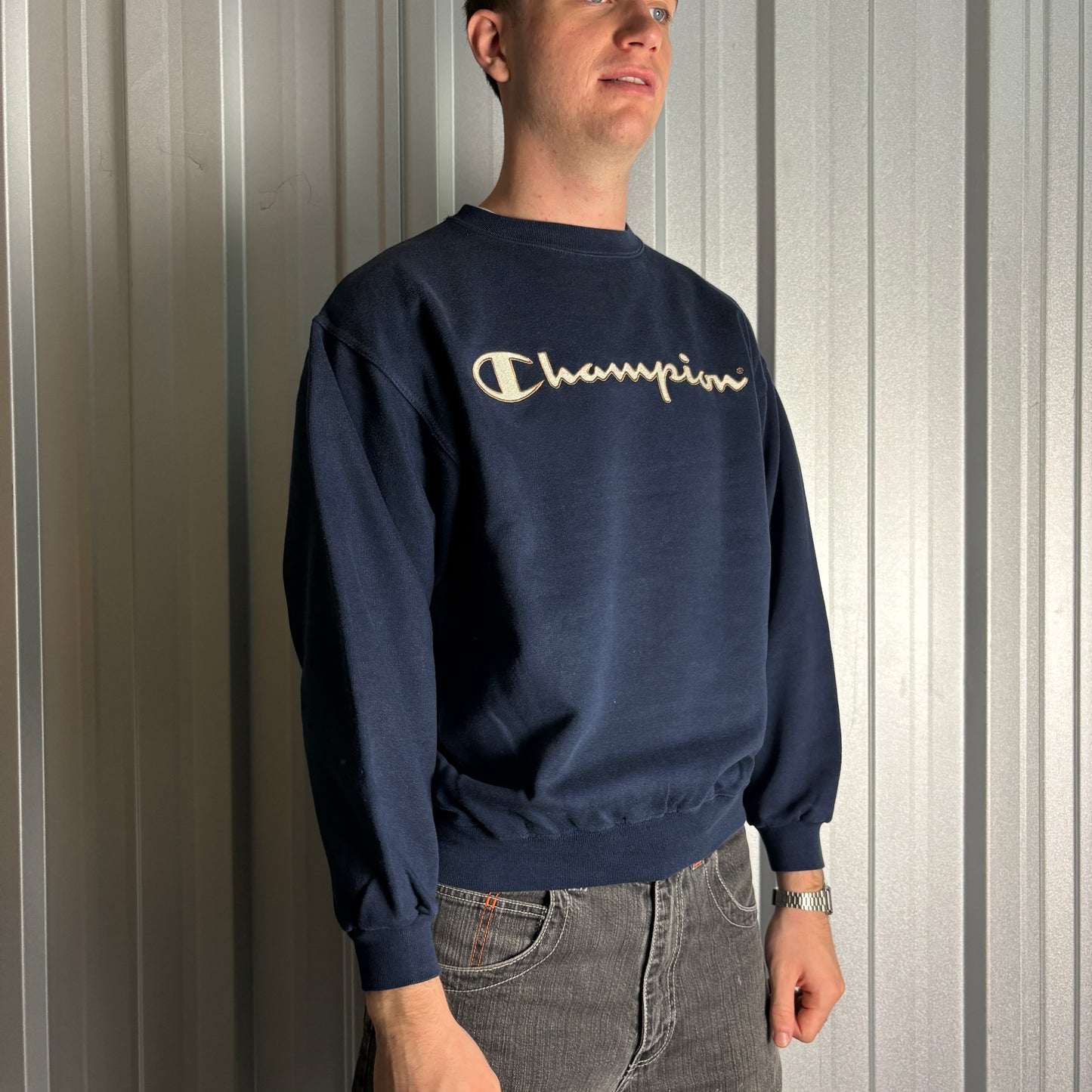 Vintage Champion Navy Blue Spellout Boxy Embroidered Sweatshirt - M