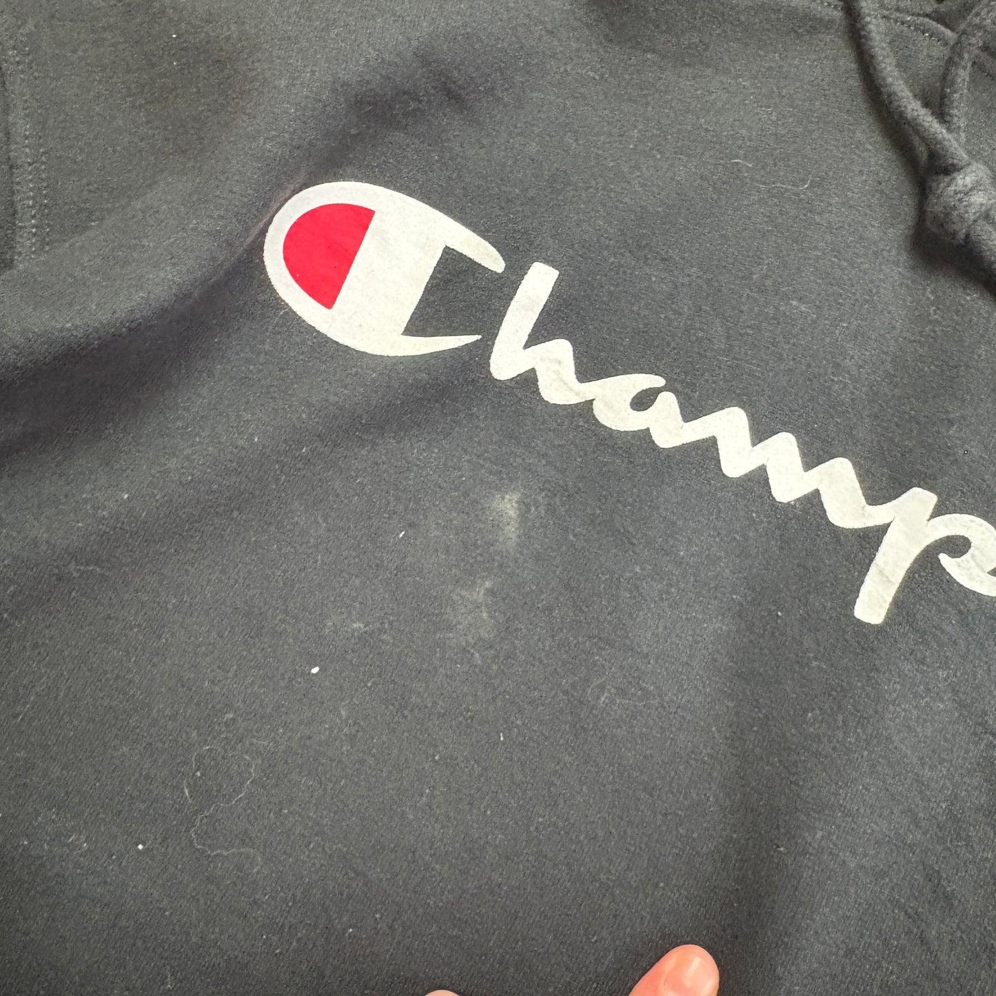Vintage Champion Black Hoodie Sweatshirt - L