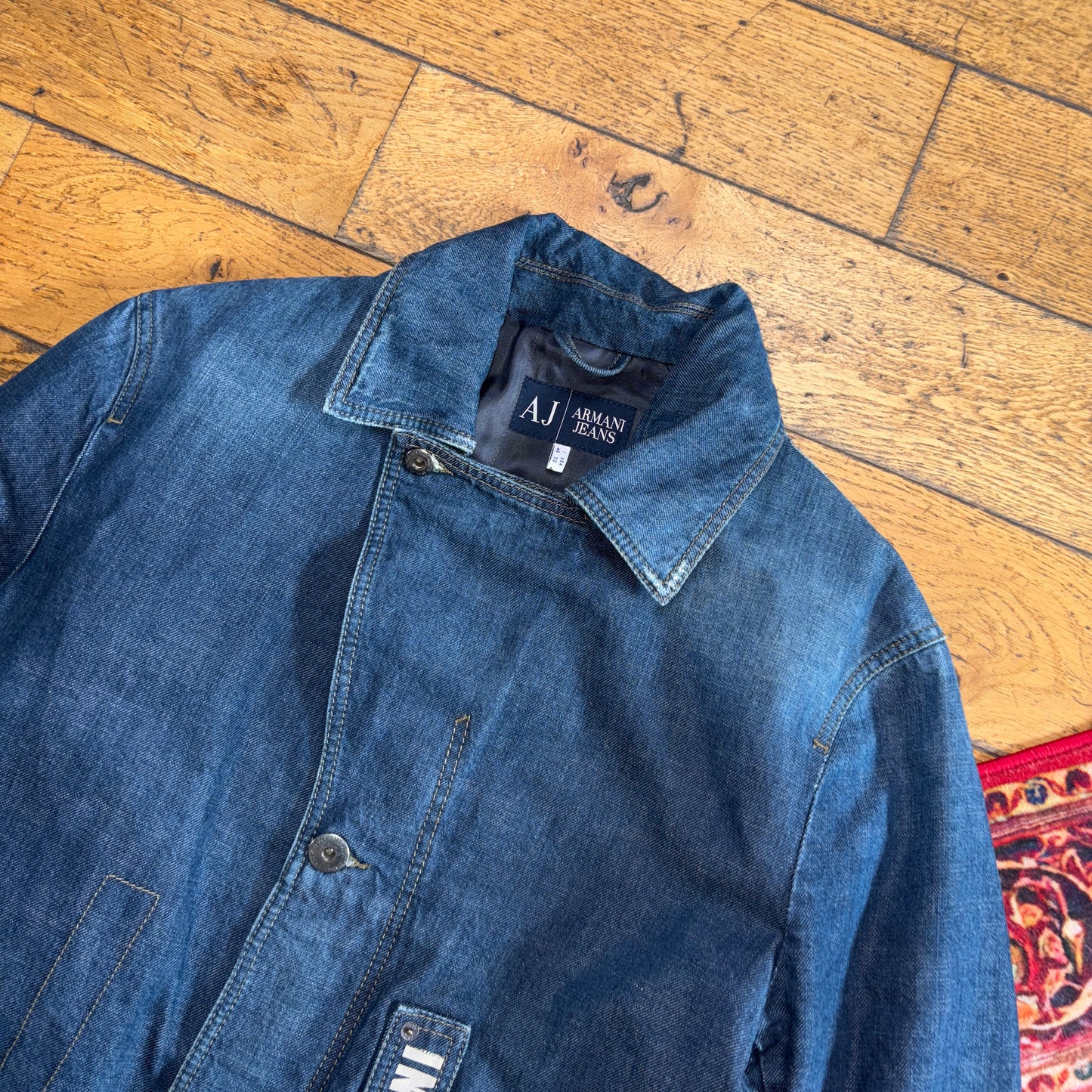 Vintage Armani Jeans Blue Denim Overcoat Chore Parka Workwear Trench Jacket - S