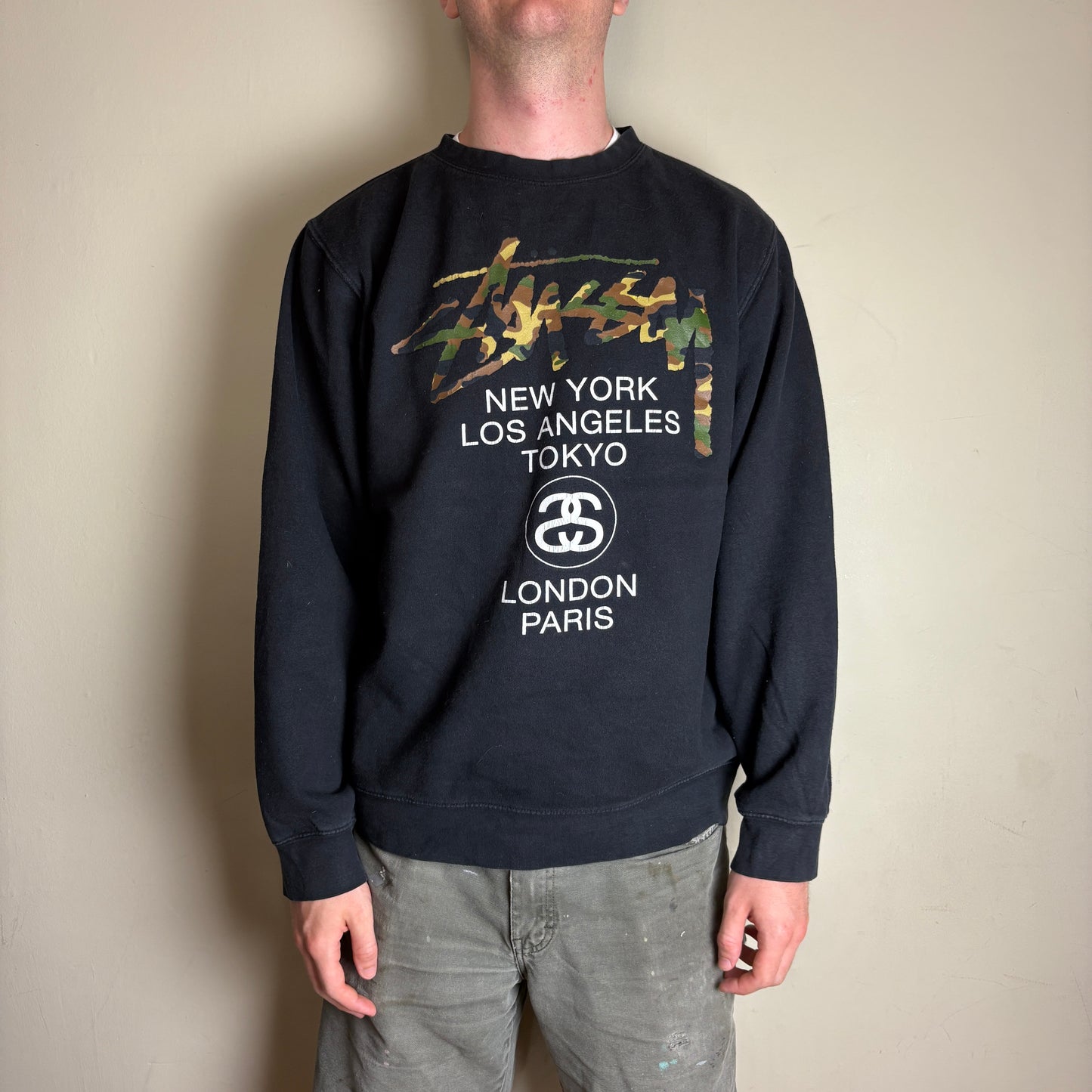 Vintage Stussy Black Camo Spellout Streetwear Sweatshirt - XL