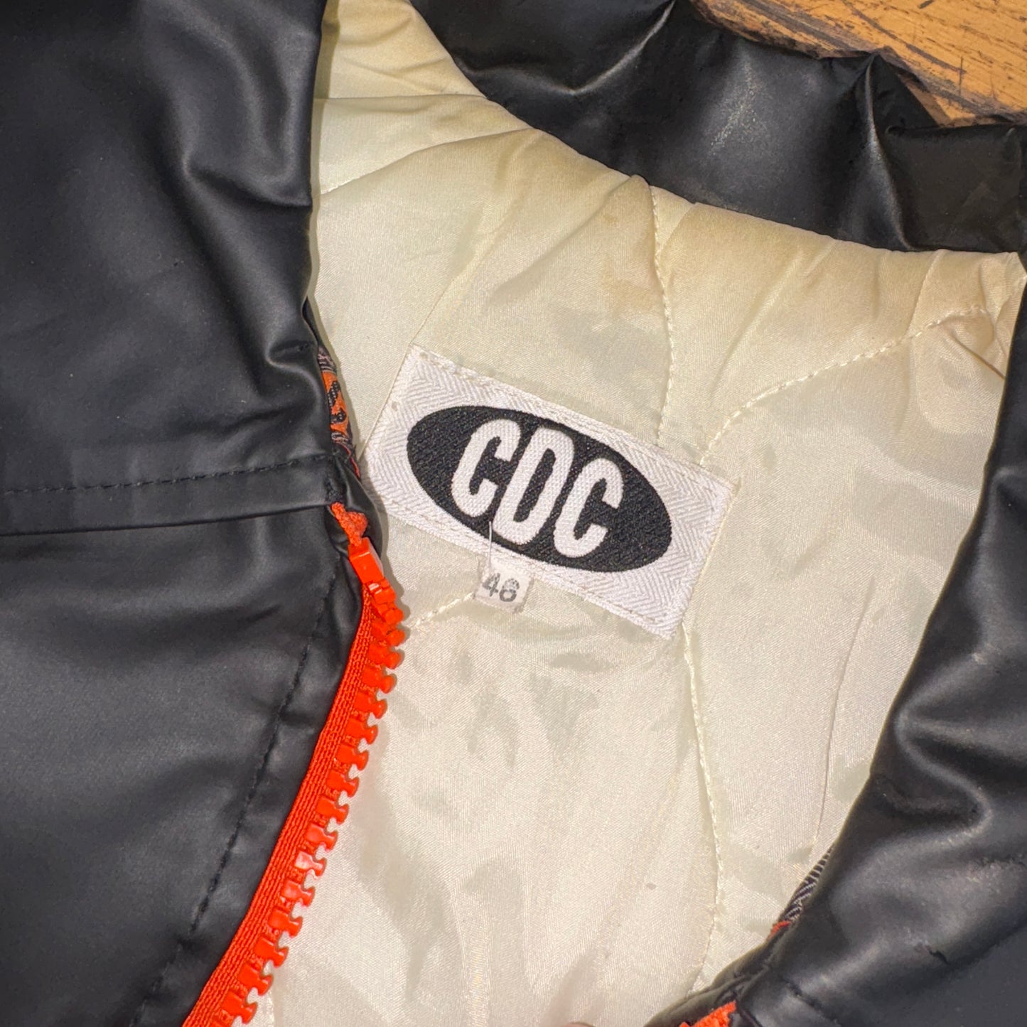Vintage CDC Black Orange Biker Boxy Cropped Faux Leather Jacket - L