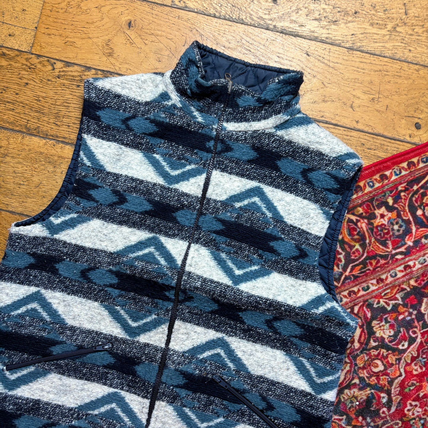 Vintage Pattern Navy Cream Reversible Fleece Gilet Vest - S