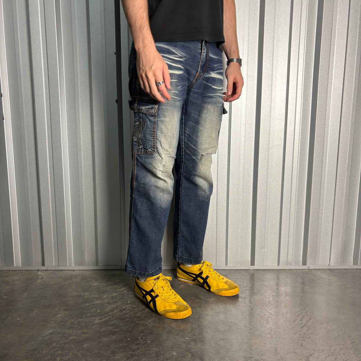 Embroidered Scorpion Blue Cargo Japanese Denim Hip Hop Y2K Baggy Jeans - 32S