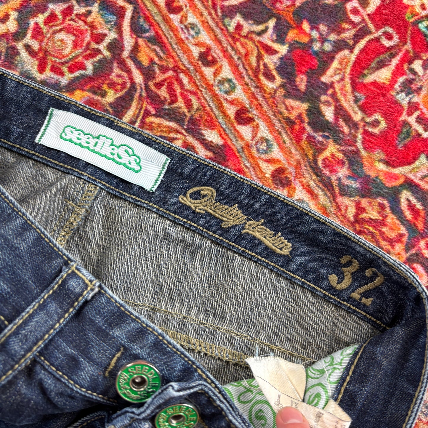 Vintage Seedless Blue Embroidered Y2K Hip Hop Straight Jeans - 32