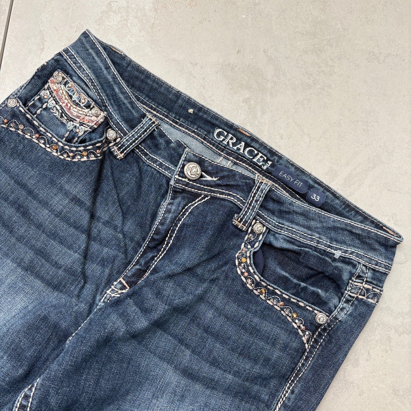 Vintage Y2K Grace Rhinestone Embroidered Flared Bootcut Denim Jeans - Size 16