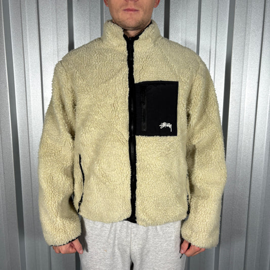 Stussy Cream 8 Ball Reversible Embroidered Fleece Jacket - M