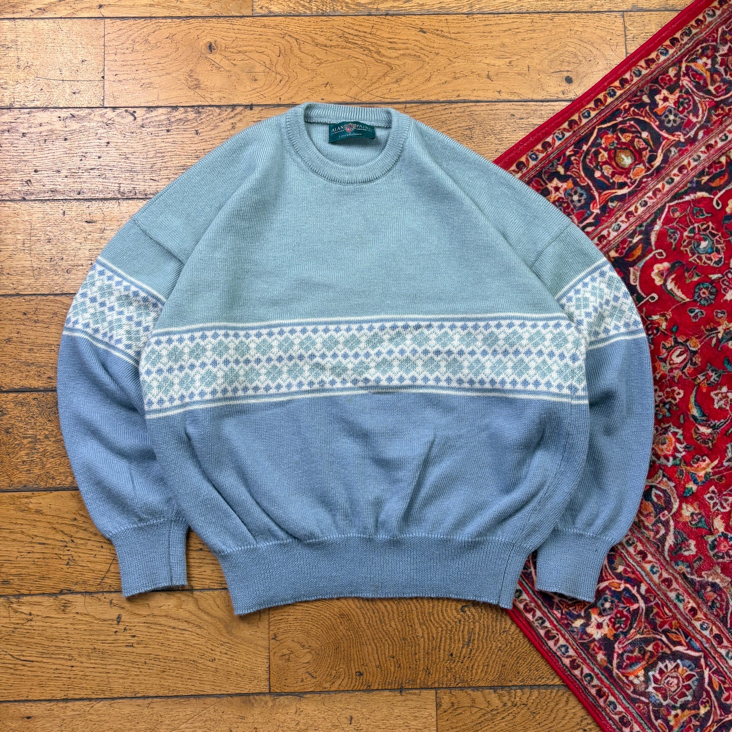Vintage Blue Pattern Italian Chunky Knit Jumper - M